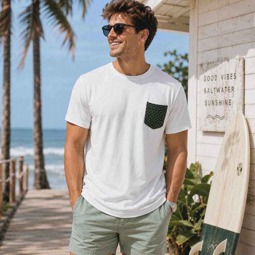 BYLT SZ M Drop Cut Short Sleeve Pocket Lux Tee White Green Polka-Dot Pocket